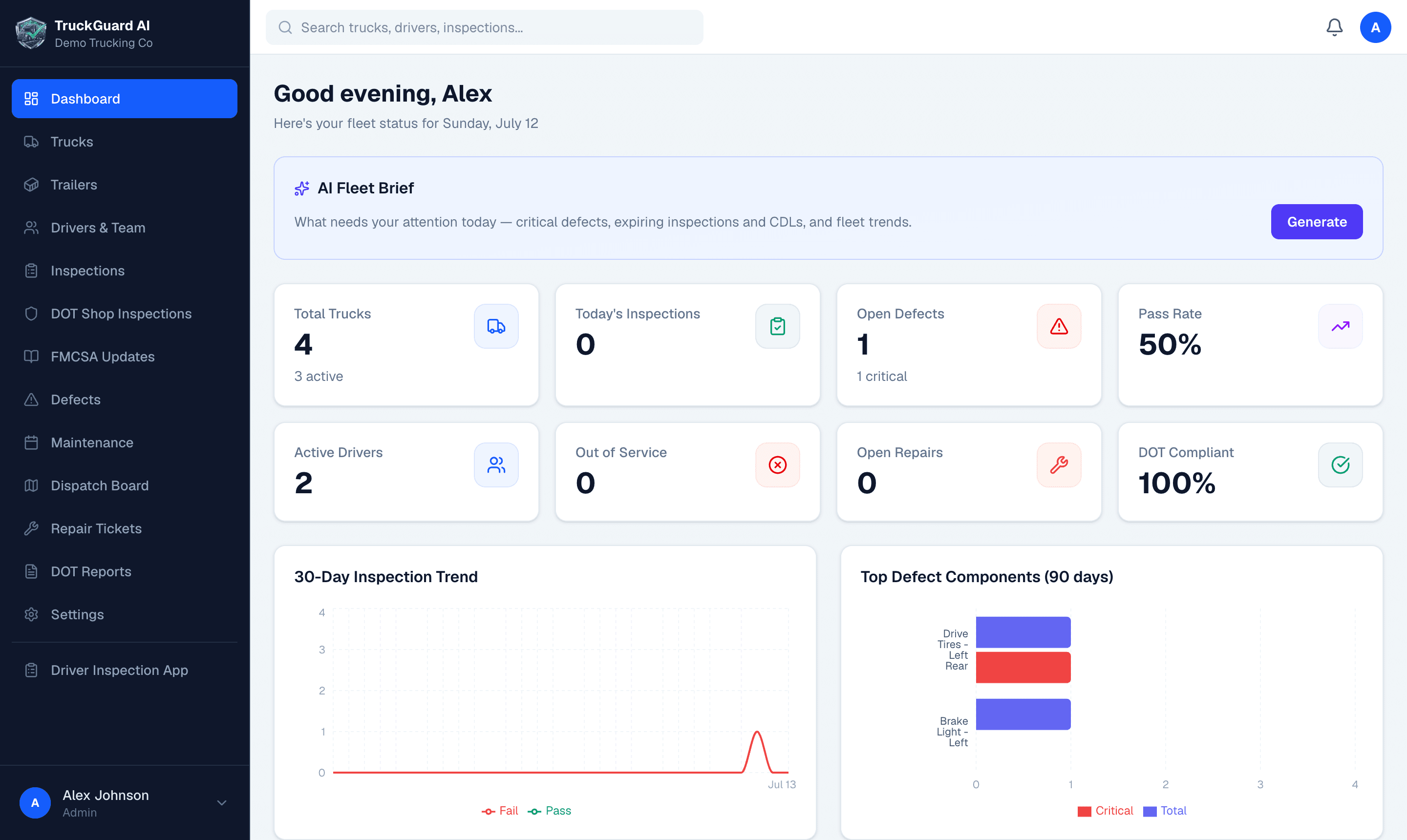 TruckGuard fleet dashboard showing inspections, defects, and DOT compliance status