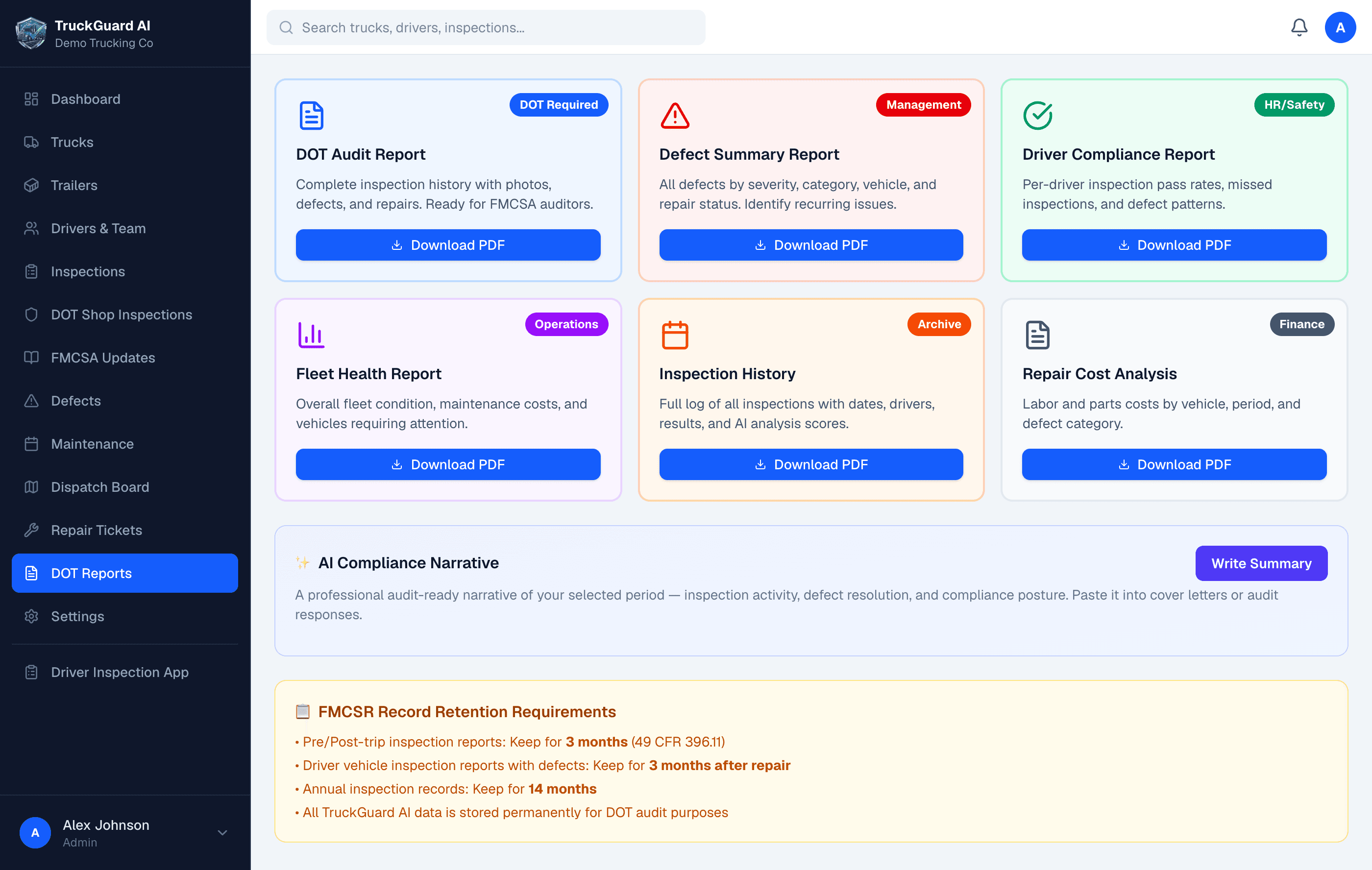 DOT Reports page with one-click audit-ready PDF downloads for compliance, defects, and driver reports